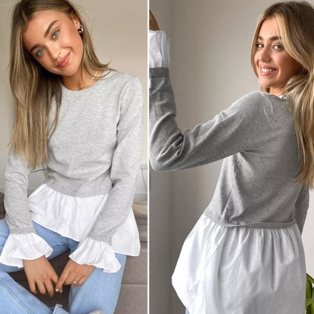 QED London 2 in 1 sweater with shirt underlay in gray